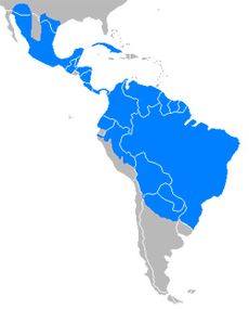 map showing range of javelina throughout most of Cuba, Central America and northern and central South America